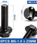40 Pack M6 1.0 X 25mm Flange Hex Bolts Grade 10.9 Black Zinc Plated Alloy Steel With Full Threads Hex Drive Screws