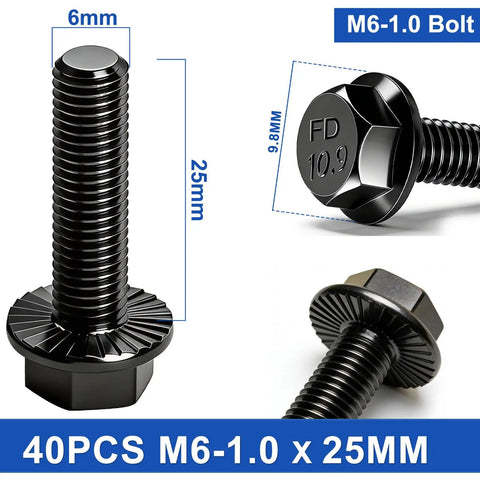 40 Pack M6 1.0 X 25mm Flange Hex Bolts Grade 10.9 Black Zinc Plated Alloy Steel With Full Threads Hex Drive Screws
