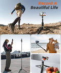 All In One Phone Tripod And Selfie Stick With Remote For iPhone And Android Ultra Portable And Lightweight 62 Inch Extendable Travel Stand For Vlogging And Video On The Go shown in various settings including hiking and beach vlogging.