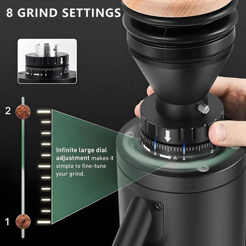 Butter Smooth Electric Coffee Bean Grinder With Stepless Burr Dial For Espresso And Pour Over, showing grind setting adjustment and dial.