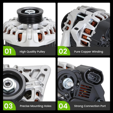 11311N Direct Fit Plug And Play Alternator Replacement showing pulley, copper winding, mounting holes, and connection port for 2007 2012 Hyundai Elantra 2.0L 2010 2011 Kia Soul 2.0L 2007 2009 Spectra 2.0L L4 Replaces 2655635 600162 AVA0102 3730023650 4004603 40046020
