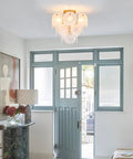 Modern Flush Mount Glass Ceiling Light In Gold Finish, 4 Light Vintage Chandelier with geometric round glass shades in hallway