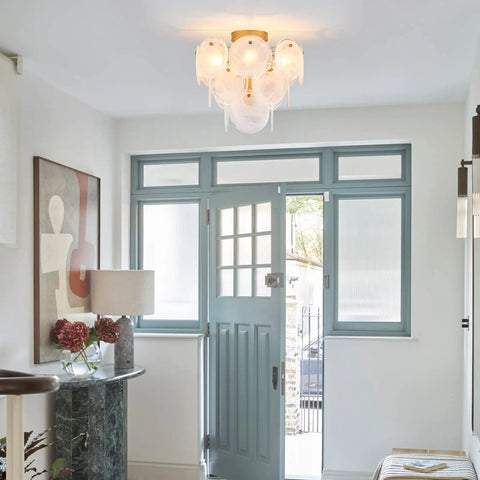 Modern Flush Mount Glass Ceiling Light In Gold Finish, 4 Light Vintage Chandelier with geometric round glass shades in hallway
