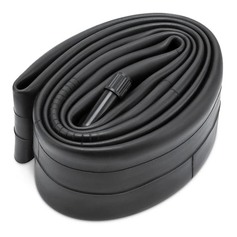 Fat Bike Tubes for 24 Inch Tires 24x2.125 to 24x2.40 With 32mm Schrader Valve shown coiled up in black rubber