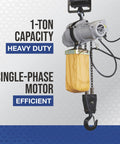 Electric Hoist For One Ton Load, Nine Point Eight Feet Lift, 110V Power, Remote Control With Emergency Stop, displayed with yellow cover