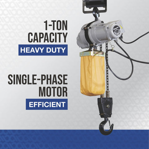 Electric Hoist For One Ton Load, Nine Point Eight Feet Lift, 110V Power, Remote Control With Emergency Stop, displayed with yellow cover