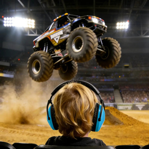 Child wearing Kids Ear Protection 2 Pack Noise Canceling Headphones For Concerts And Loud Events Durable Cushioned Earpads at monster truck show.