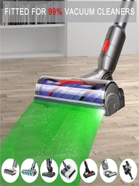 Universal USB Powered Vacuum Cleaner Display With Green Laser Indicators And Flexible Laser Components For Cleaning Machines Easy Plug In USB Setup And Stable Operation That Works With Most Vacs showing a vacuum brush on wood floor