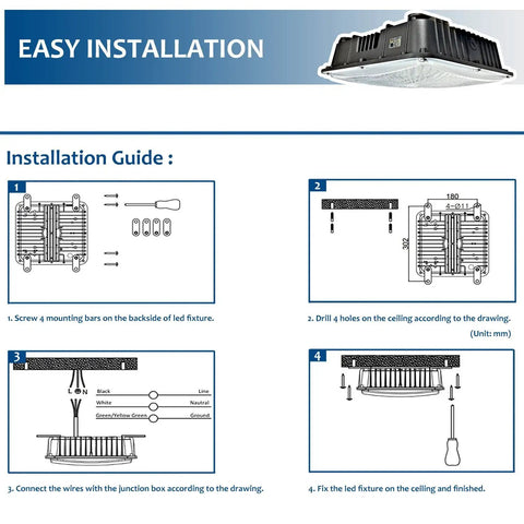 Installation steps of Super Bright 75W LED Canopy Light 5000K 8625LM UL Listed Outdoor Waterproof for Gas Stations.
