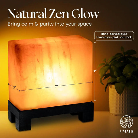 Himalayan Salt Lamp Rectangle In Natural Pink Rock With Wood Base Dimmable Cord Night Light glowing on table next to plant