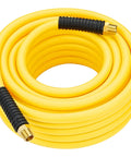 Heavy Duty 1/2 Inch By 50 Foot Hybrid Air Compressor Hose With 1/2 In Mnpt Ends And Bend Restrictors coiled for easy use.