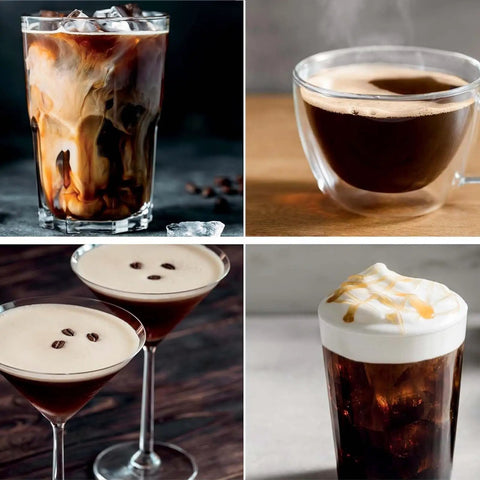 Variety of coffee drinks including iced latte, espresso, espresso martinis, and iced coffee with foam, showcasing different presentations.