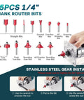 Cordless Twenty One Volt Brushless Palm Wood Router With Four Amp Hour Battery And Fifteen Piece One Quarter Inch Router Bit Set with 1/4 inch shank bits displayed.