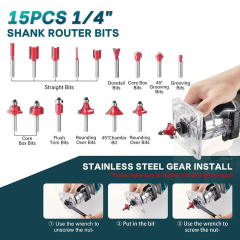 Cordless Twenty One Volt Brushless Palm Wood Router With Four Amp Hour Battery And Fifteen Piece One Quarter Inch Router Bit Set with 1/4 inch shank bits displayed.