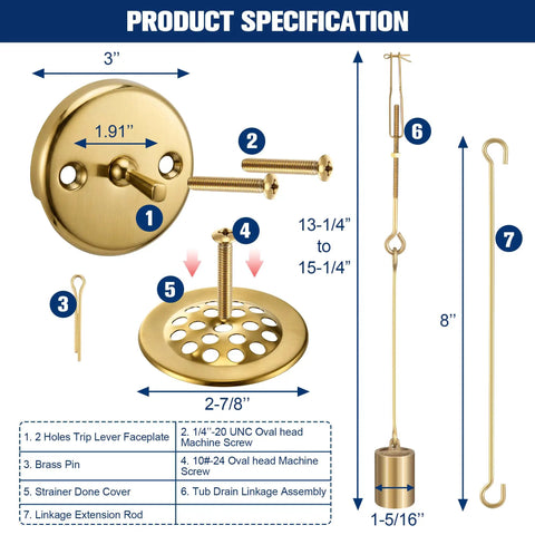 Hassle Free Tub Drain Linkage Assembly With Trip Lever And Gold Cover Adjustable Fit For Bathtub Overflow Repair specifications image
