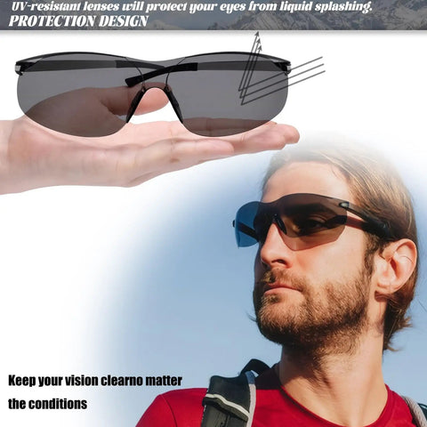 Man outdoors wearing 12 Pack ANSI Z87.1 Safety Glasses For Men And Women Clear And Grey Lens Anti Scratch Eye Protection