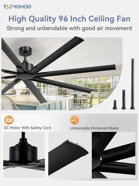 Beefy 96 Inch Industrial DC Motor Ceiling Fan With 8 Reversible Blades, 3 Downrods, 6 Speed Remote, shown installed indoors