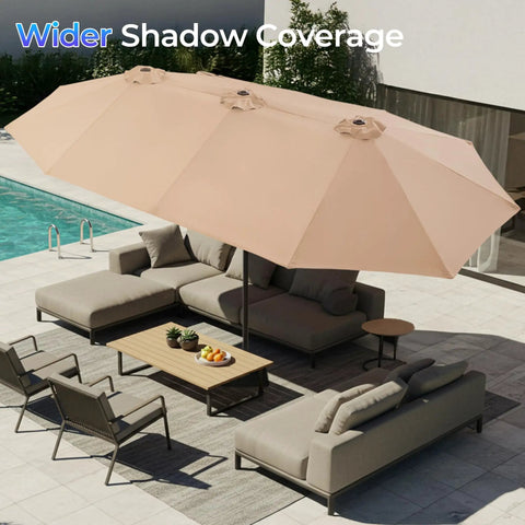 13 Foot Outdoor Patio Umbrella With Base Included, Double Sided Fade Resistant Canopy, shading poolside seating, beige.