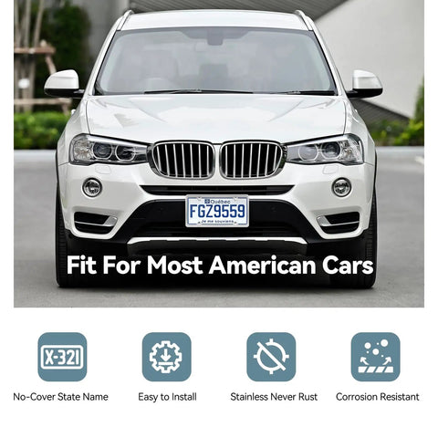 White car with Set Of Two Four Hole License Plate Frames In Slim Stainless Steel With A Polished Mirror Finish And Chrome Screw Caps