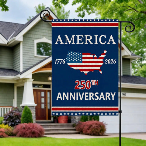 250th Anniversary USA Garden Flag For Outside With Map Design 1776-2026 Patriotic Yard Flag outside a house.