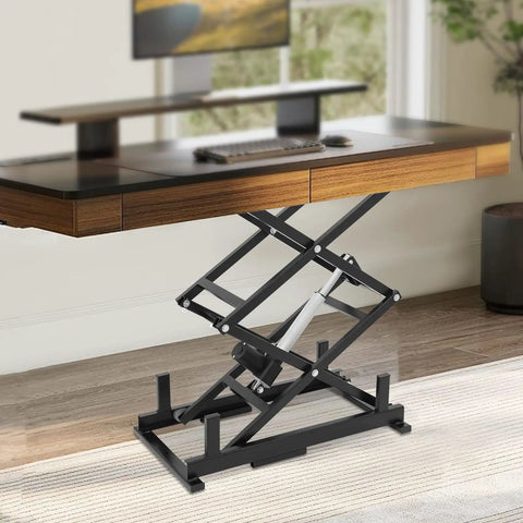 Rock Solid Electric Scissor Lift Table Delivers Smooth Hydraulic Lifts That Raise Workstations Easy Peasy Handles Up To 140 Pounds Without Breaking A Sweat under desk in stylish workspace.