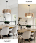 A Straight Up Game Changer 4Light Rattan Chandelier With Linen Drum Shades above a round table, showcasing natural wicker craftsmanship and lighting.