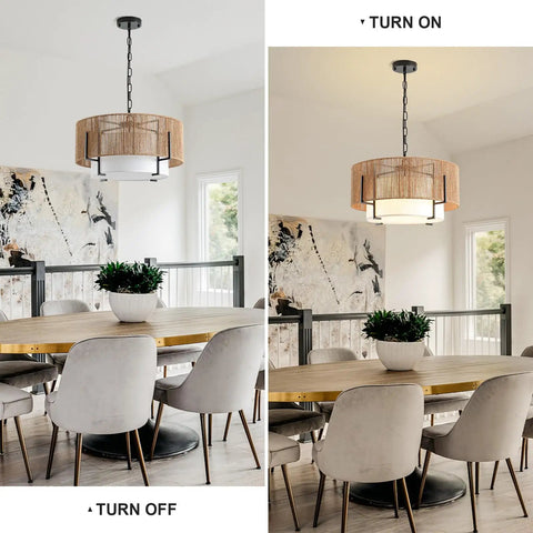 A Straight Up Game Changer 4Light Rattan Chandelier With Linen Drum Shades above a round table, showcasing natural wicker craftsmanship and lighting.