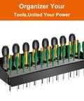 Wall Mounted Screwdriver Holder Rack For Garage, Workshop, Shed, And Home, Vertical Tool Organizer with 32 screwdrivers displayed.