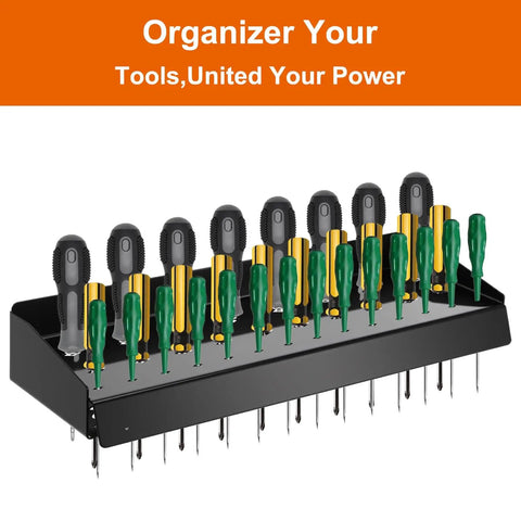 Wall Mounted Screwdriver Holder Rack For Garage, Workshop, Shed, And Home, Vertical Tool Organizer with 32 screwdrivers displayed.