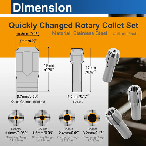 Four Piece Rotary Tool Collet Set With Clamping Nut In Stainless Steel dimensions and sizes for Dremel and most rotary tools