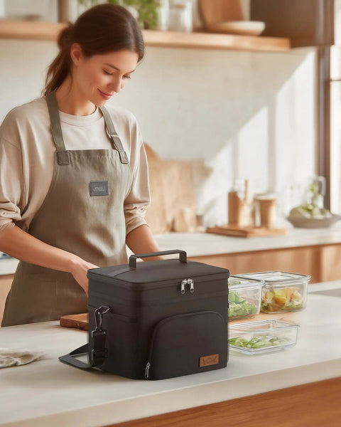 Woman preparing food next to Premium 9 Liter Soft Sided Cooler Bag With Leak Proof Design Keeps Your Grub Fresh All Day Superior Triple Layer Insulation Durable 600D Oxford Cloth Thermal Lunch Tote.