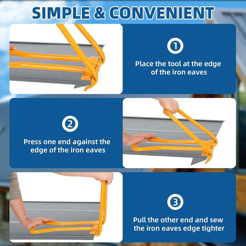 Steps for using the Heavy Duty Standing Seam Roofing Tool With Drip Edge Folding For Pros Eaves Seam Locker on iron eaves.