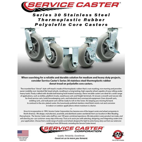 Heavy Duty Eight Inch Swivel Casters Set Of Four Featuring Thermoplastic Rubber Donut Tread Stainless Steel Plates on display.