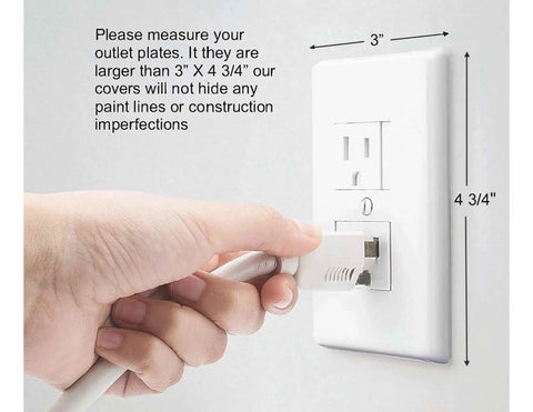 Hand plugging cord into self-closing outlet cover for center screw outlets, 3 inches wide by 4.75 inches high, white.