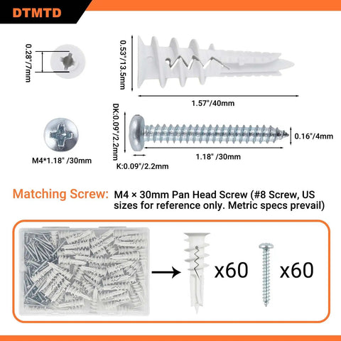 120 Piece Self Drilling Drywall Anchors And Screws Kit Nylon Expansion Anchors With Metal Screws One And A Half Inch White No Pre Drill