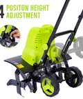 Side view of 18 Inch Electric Tiller Cultivator with 8.7 Inch Depth and 24 Steel Tines, highlighting adjustable wheels.