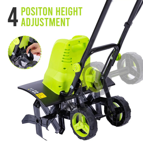 Side view of 18 Inch Electric Tiller Cultivator with 8.7 Inch Depth and 24 Steel Tines, highlighting adjustable wheels.