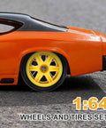 1/64 scale diecast car with 7-Spoke Yellow Black Wheel And Tire Set visible, showcasing Real Riders rims