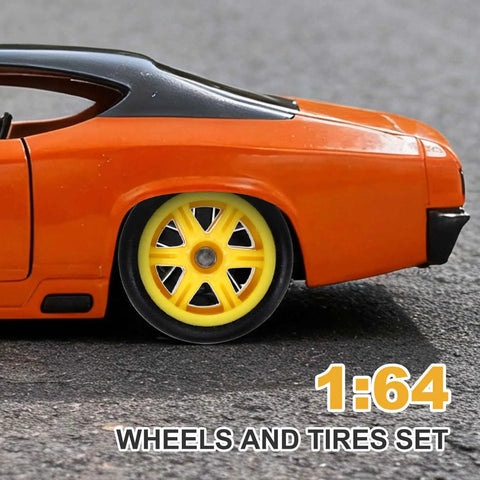 1/64 scale diecast car with 7-Spoke Yellow Black Wheel And Tire Set visible, showcasing Real Riders rims