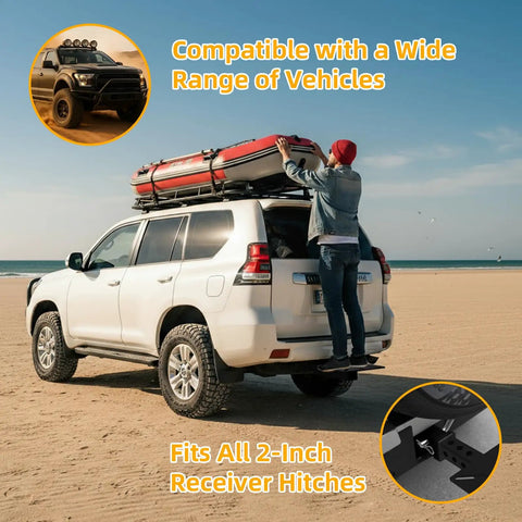 SUV on the beach with roof rack, featuring the Beefy 2-Inch Receiver Hitch Vise Mount For Bench Work, Heavy Duty Grinder Stand And Trailer Hitch Vise Plate, Adjustable Vise Stand For Winch Mount, Pipe Vise, Durable Workbench And Mobile Use.