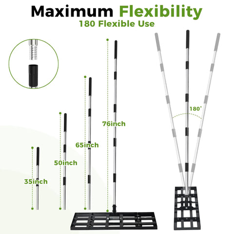 Heavy Duty Stainless Steel Lawn Leveling Rake With 30x10 Inches Head And 76 Inch Adjustable Handle showing flexibility