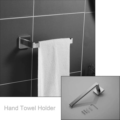 Hardwearing Stainless Bathroom Hardware Set With 24 Inch Towel Bar Two Towel Hooks Toilet Paper Holder And Hand Towel Rail In Brushed Nickel Finish Rust Resistant SUS304 Bath Accessories For A Sleek Modern Bathroom Upgrade Easy Install No Fuss hand towel holder displayed on tiled wall with installation kit