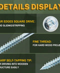 Details of pocket hole screws with fine thread, washer head, square drive, self-tapping tip for hardwood.