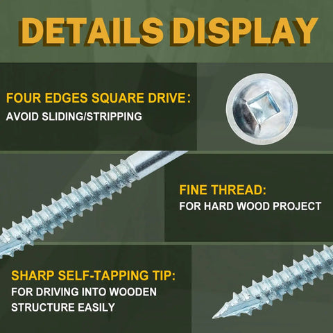 Details of pocket hole screws with fine thread, washer head, square drive, self-tapping tip for hardwood.