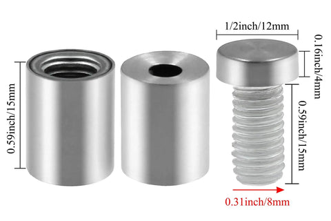 Rock Solid Stainless Steel Standoff Screws, 1/2 Inch Length By.78 Inch Cap Diameter, Silver 12 Piece Set on display with measurements.