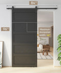 Ultra Sharp 42 By 96 Inch Wave Shape Sliding Barn Door In Matte Black showing track and dimensions in a modern room.