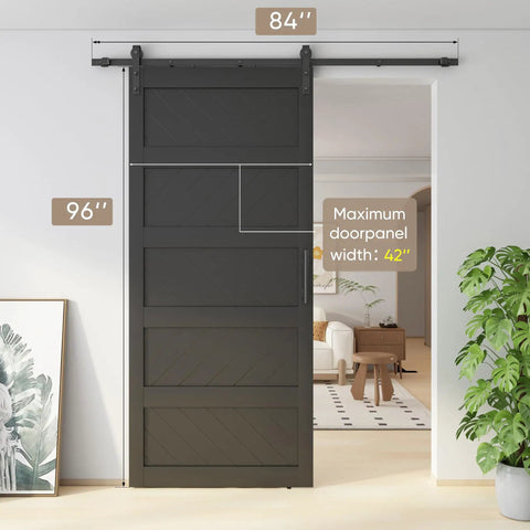 Ultra Sharp 42 By 96 Inch Wave Shape Sliding Barn Door In Matte Black showing track and dimensions in a modern room.