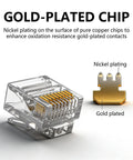 Close-up of Cat6 RJ45 Connectors For Slim Flat Ethernet Cables 30 And 32 AWG 8P8C With Load Bar Gold Plated Contacts T568B Wiring