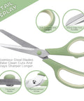 Close-up of a green handle 8.5 Inch Pastel Scissors from 3 Pack Ultra Sharp Stainless Steel Heavy Duty Kitchen Shears with Soft Grip, showing blade details