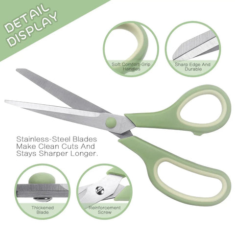 Close-up of a green handle 8.5 Inch Pastel Scissors from 3 Pack Ultra Sharp Stainless Steel Heavy Duty Kitchen Shears with Soft Grip, showing blade details